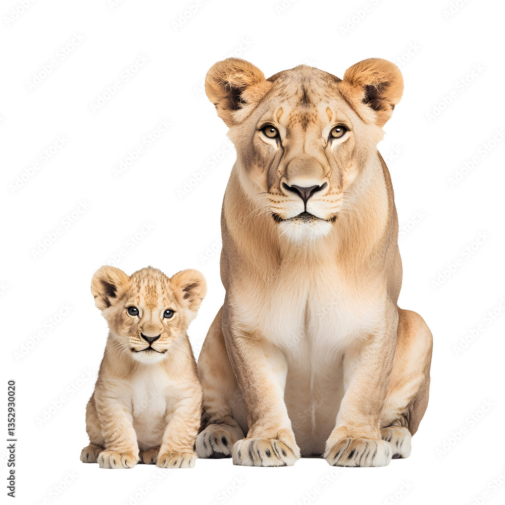 Fototapeta premium Lioness and cub: a tender moment in the animal kingdom, showcasing the bond between mother and child. The cub's innocence contrasts with the lioness's strength.