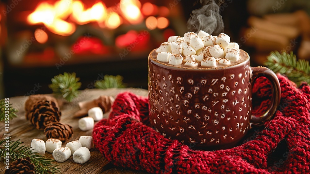 Hot chocolate with marshmallows by fireplace. (1)
