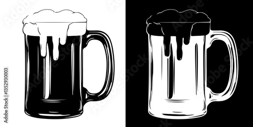 A mug of foamy beer silhouette isolated on white and black background