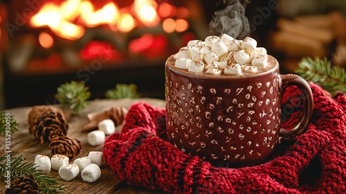 Hot chocolate with marshmallows by fireplace. (1)