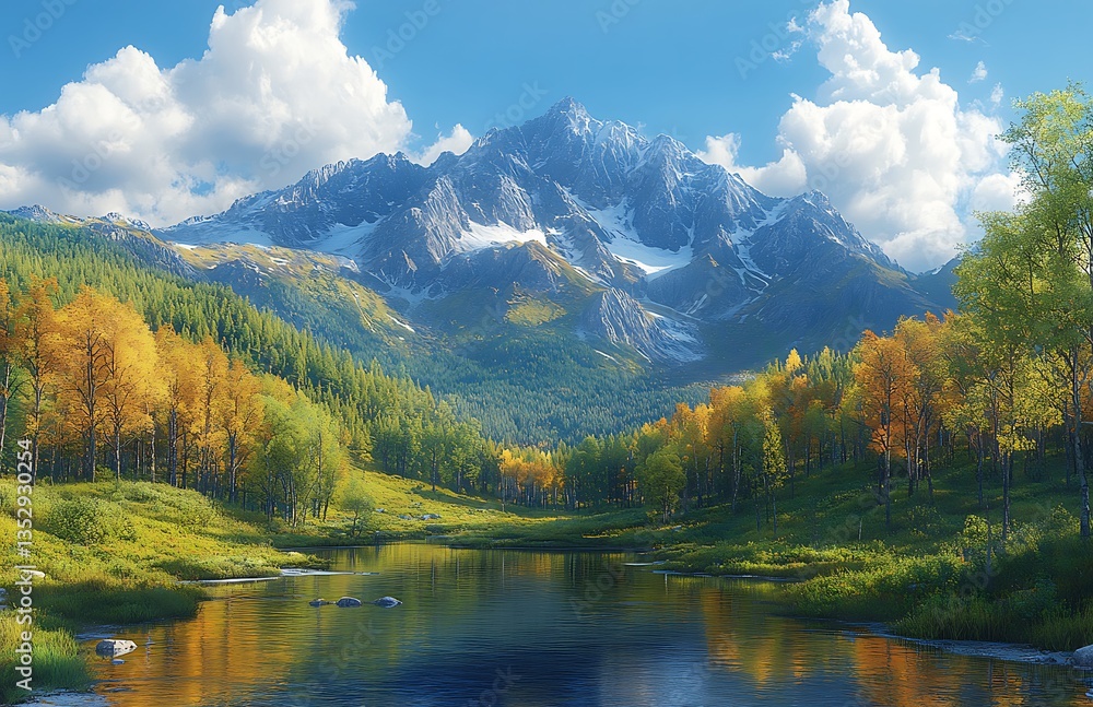 Serene Landscape with Snow-Capped Mountains, Tranquil Lake, and Vibrant Autumn Trees
Serene Landscape with Snow-Capped Mountains, Tranquil Lake, and Vibrant Autumn Trees