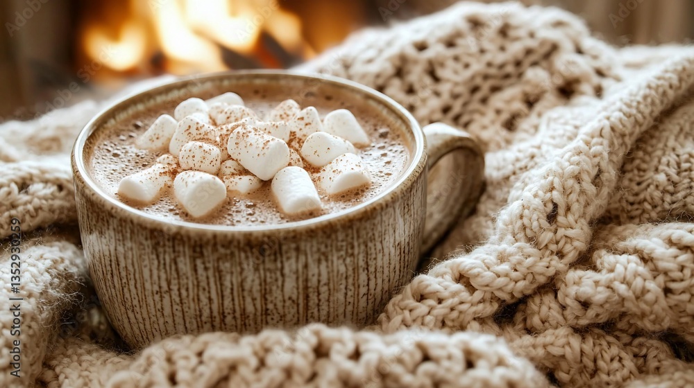 Cozy hot chocolate with marshmallows by fireplace. (1)