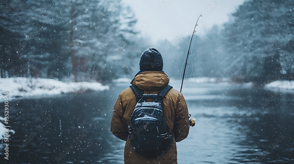 Man ice fishing in snowy winter forest.