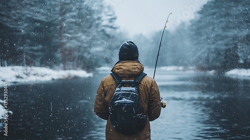 Obraz na płótnie Man ice fishing in snowy winter forest. w salonie