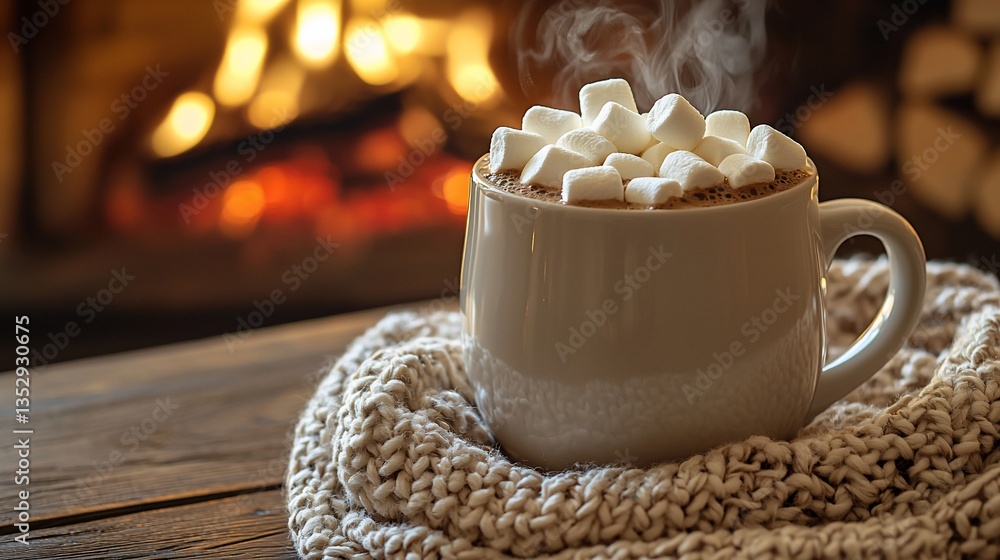 Steaming hot cocoa with marshmallows by fireplace.