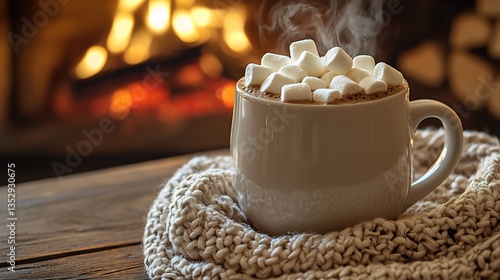 Obraz na płótnie Steaming hot cocoa with marshmallows by fireplace. w salonie