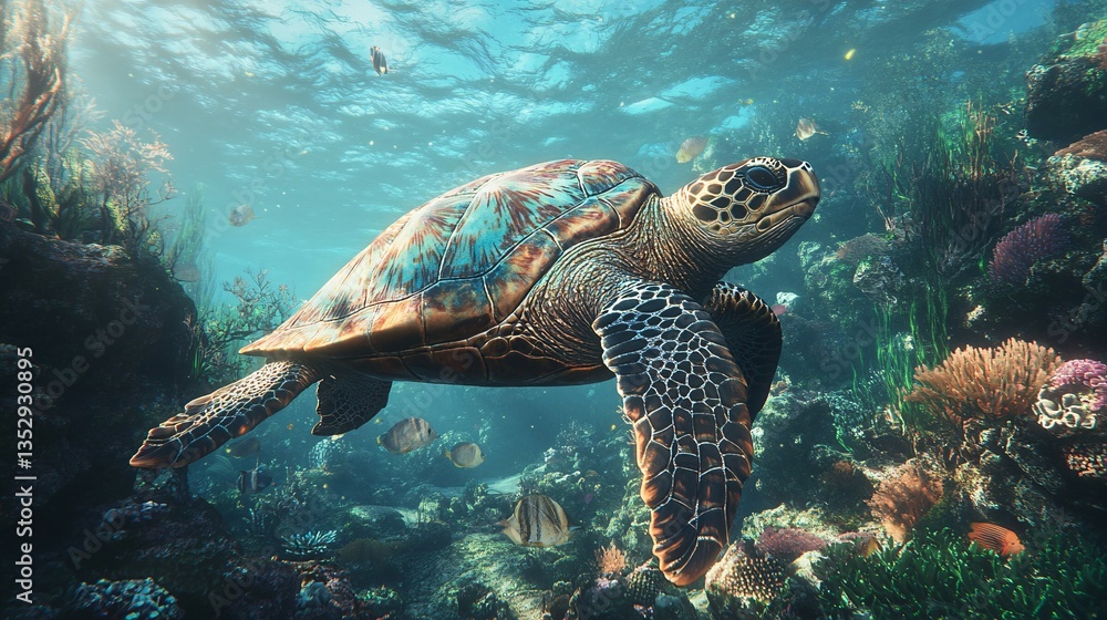 Fototapeta premium A beautiful sea turtle swims gracefully among coral reefs underwater