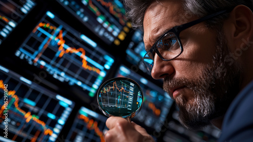 Expert financial analyst deciphering big data on desktop lcd screen for investment success
