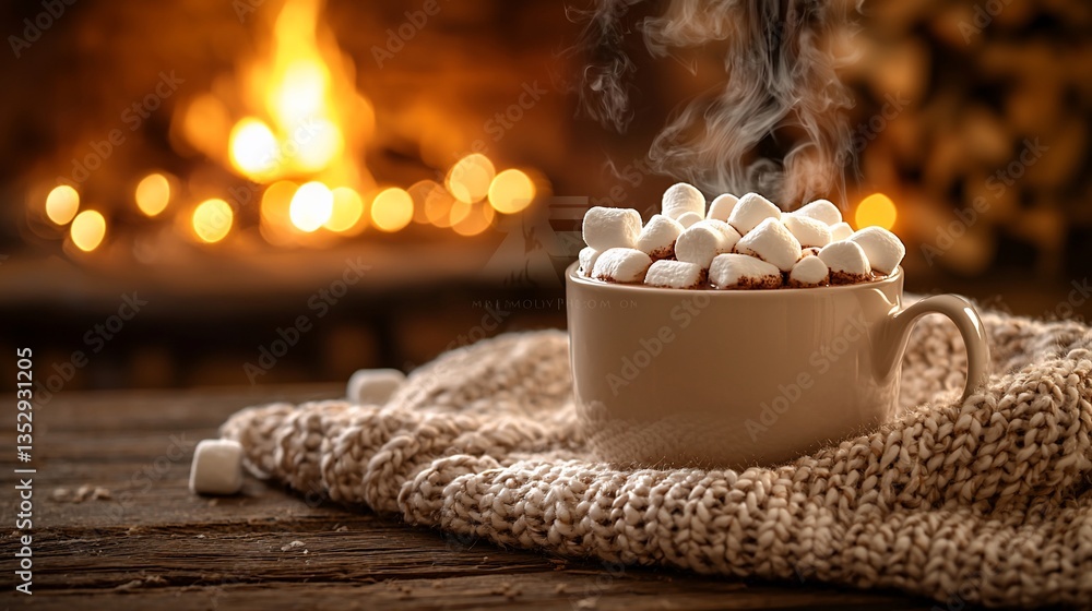 Warm cocoa with marshmallows by fireplace.