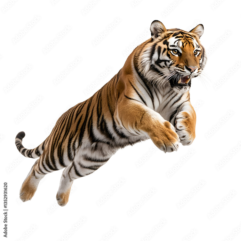 Obraz premium Tiger leaping powerfully against a black backdrop. The majestic creature is captured mid-air, its stripes contrasting against its vibrant orange fur.