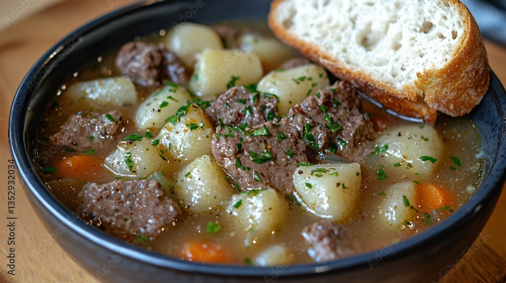 Hearty beef stew with potatoes and carrots, served with crusty bread.
