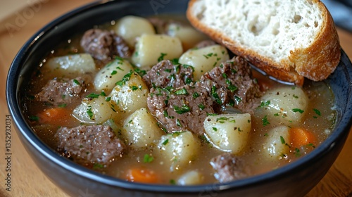 Obraz na płótnie Hearty beef stew with potatoes and carrots, served with crusty bread. w salonie