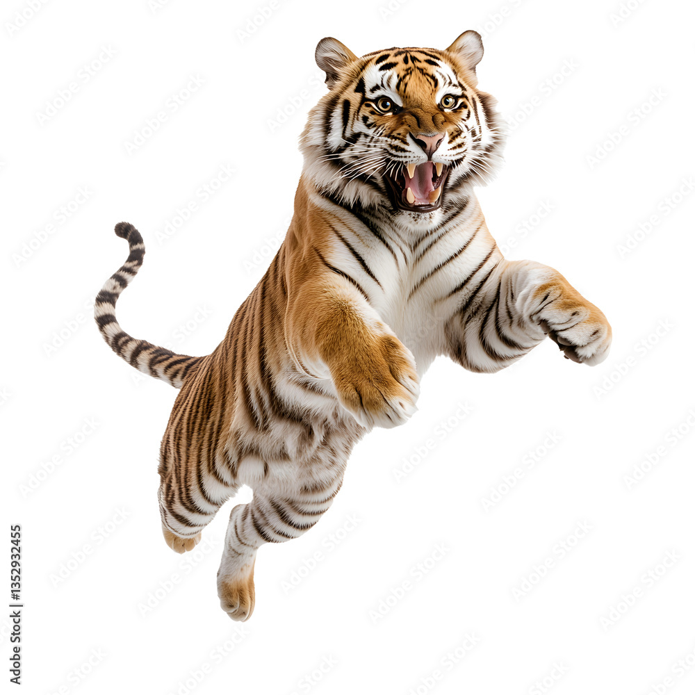 Obraz premium Tiger leaping powerfully against a black backdrop. The majestic creature is captured mid-air, its stripes contrasting against its vibrant orange fur.
