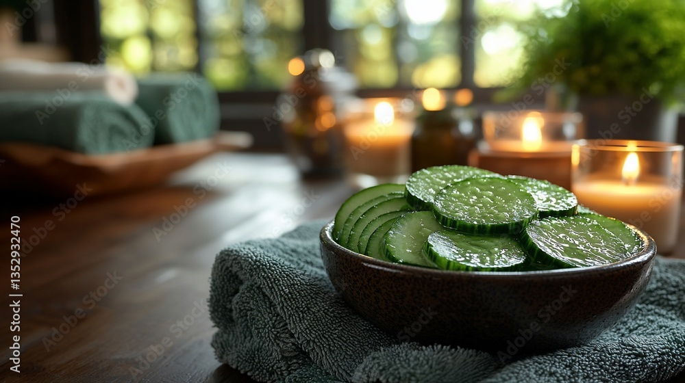 Sliced cucumbers in bowl, spa setting.