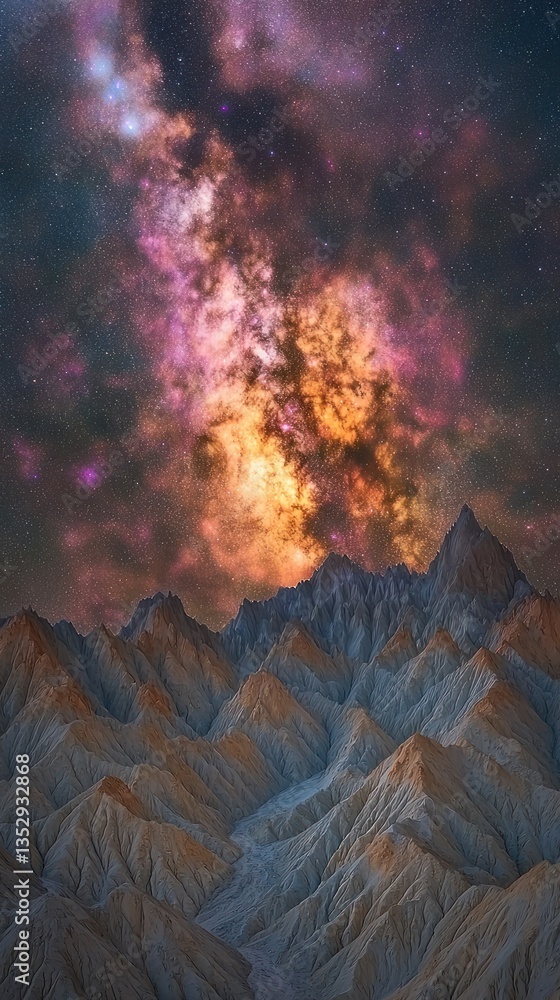 Fototapeta premium Mountain range under a vibrant nebula, glowing brightly in the night