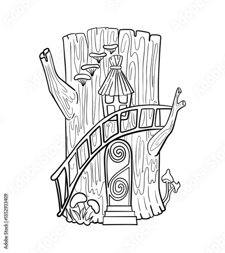 Coloring book page. Tree trunk fairy house. Children's vector illustration.