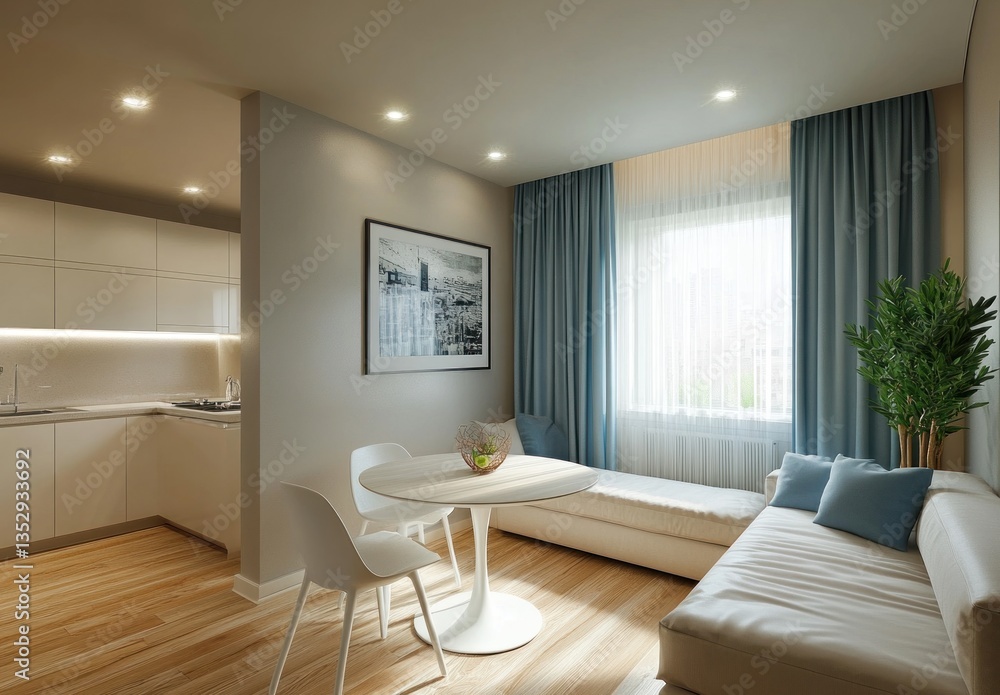 Fototapeta premium A modern interior living space with integrated dining and kitchen