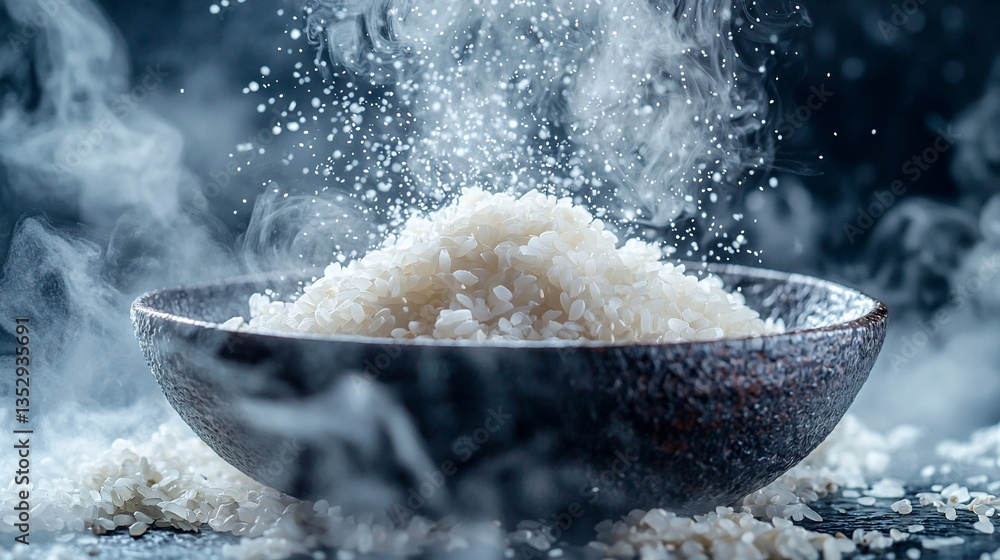 Steaming hot cooked rice in a dark bowl.