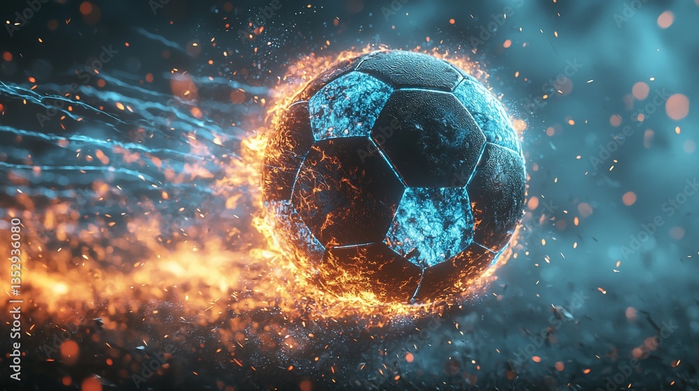 Fiery soccer ball in motion, engulfed in flames and sparks.