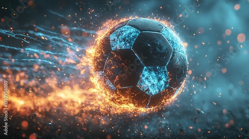 Obraz na płótnie Fiery soccer ball in motion, engulfed in flames and sparks. w salonie