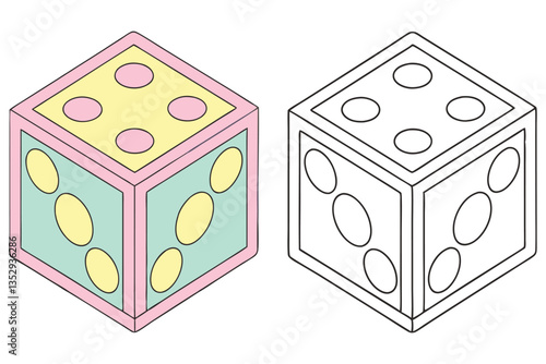 Two Isometric Dice with Pastel Colors & Black Outline Yellow, Pink, Teal, Circles