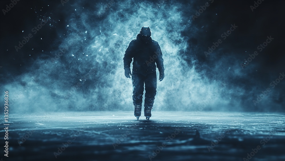 Obraz premium Ultra-Realistic Ice Hockey Player Made of White Smoke on an Ice Rink Against a Dark Background