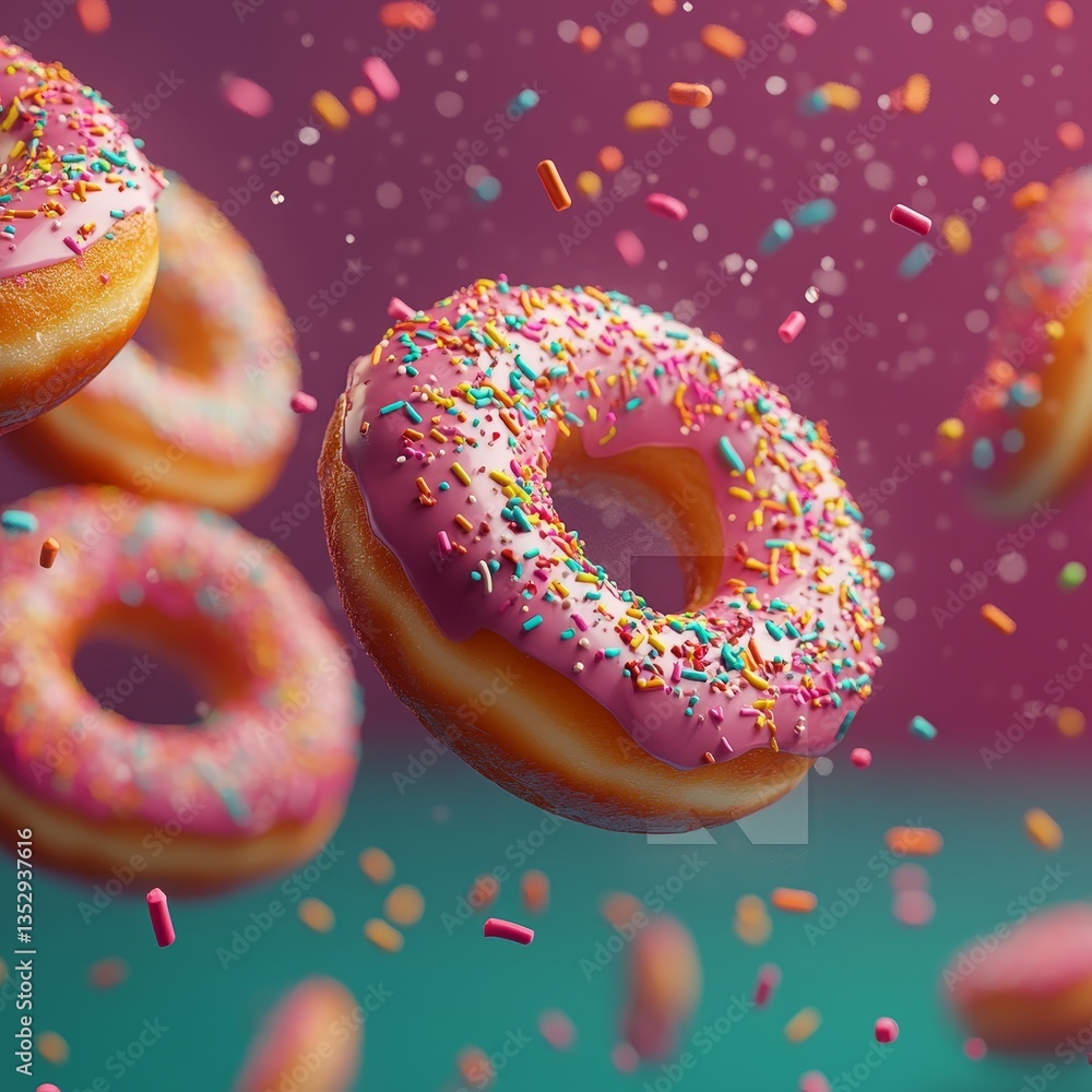 A bunch of delicious donuts with sprinkles falling down on a dark pink background A bunch of delicious donuts with sprinkles falling down on a dark pink background