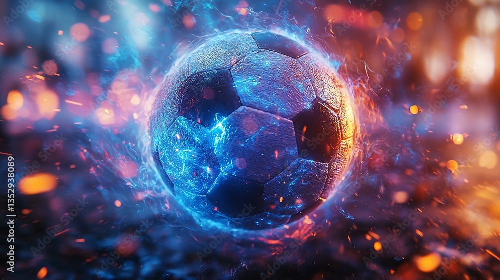Fiery soccer ball engulfed in blue and orange flames.