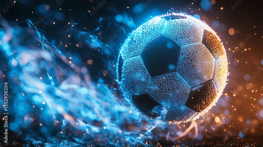 Glowing soccer ball in motion with sparks.