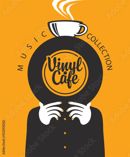 Vector banner for vinyl record store or menu for retro music cafe with vinyl record in the hands of person covers his face and cup of coffee and lettering vinyl cafe in vintage style