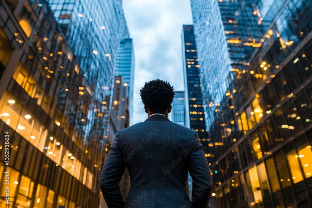 African American businessman in a suit against the backdrop of a city's business district African American businessman in a suit against the backdrop of a city's business district