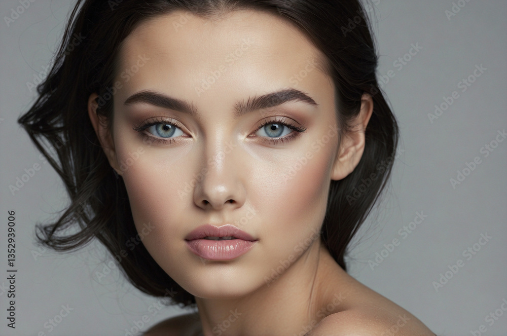 Naklejka premium Close-Up Portrait of Person with Defined Features and Blue Winged Eyeliner, Soft Makeup Look on Neutral Background