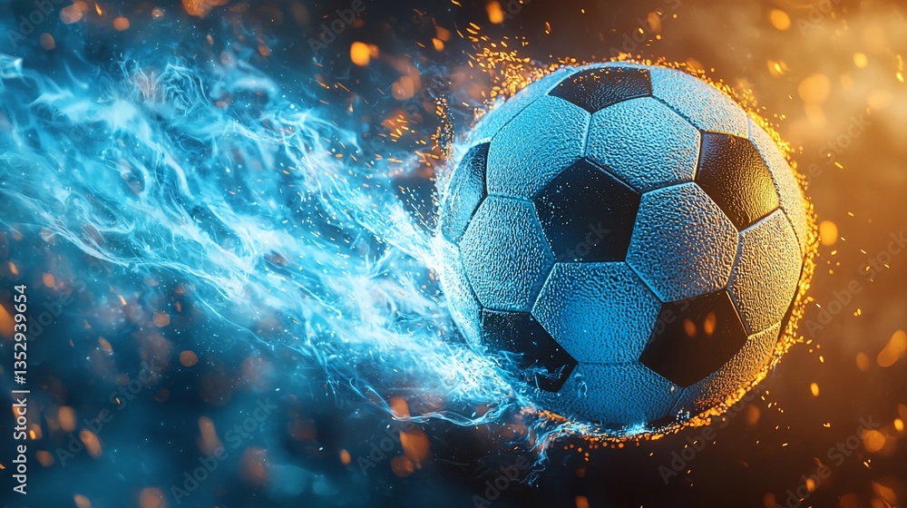 Fiery soccer ball with blue and orange flames.