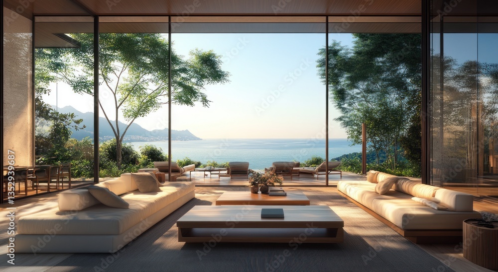 Fototapeta premium Contemporary living room showcases a scenic view of a seascape location