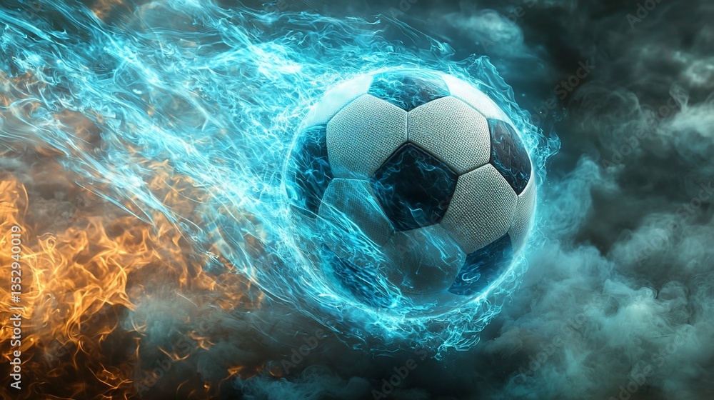 Fiery soccer ball in motion, flames and smoke.