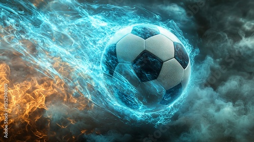 Obraz na płótnie Fiery soccer ball in motion, flames and smoke. w salonie