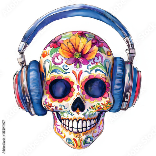 Colorful sugar skull with headphones enjoying music for cinco de mayo, the mexican holiday