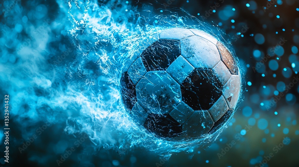 Fiery soccer ball in motion, blue flames.