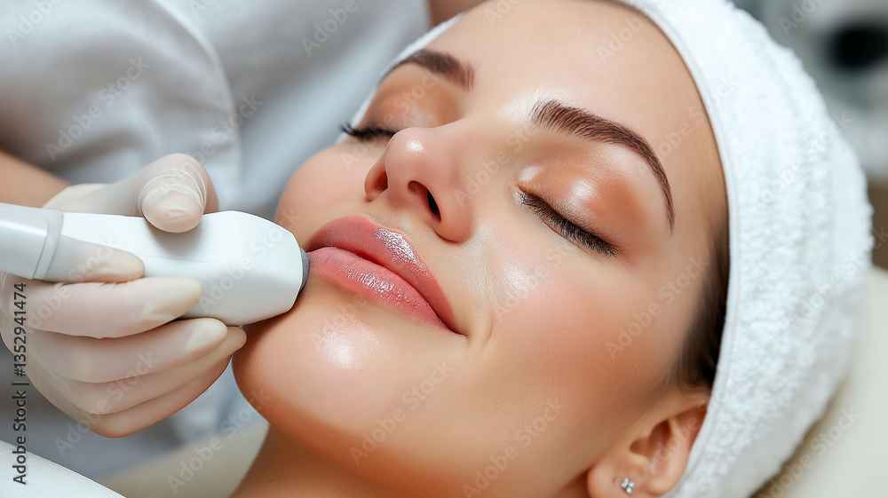 custom made wallpaper toronto digitalYoung woman receiving hydrafacial procedure in beauty clinic. Cosmetologist cleans female face with аппарат. Skin hydration therapy for rejuvenation. Facial skincare treatment with medical equipment