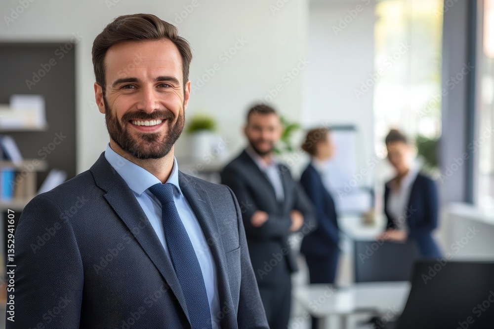 handsome smiling businessman in a suit standing in the office handsome smiling businessman in a suit standing in the office