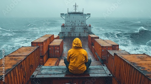 Person meditating on cargo ship during storm, ocean waves crashing, dramatic seascape; travel, adventure imagery