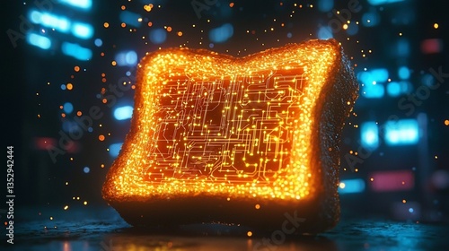 Glowing circuit board inside a bread slice.
