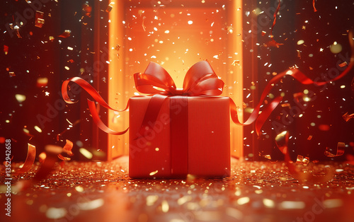 Red Gift Box with Bow and Confetti Falling, Celebration, Holiday, Surprise
