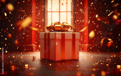Red Gift Box with Golden Ribbon and Confetti in Festive Celebration Setting