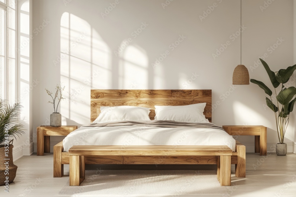A bright and inviting bedroom with a wooden bed frame A bright and inviting bedroom with a wooden bed frame