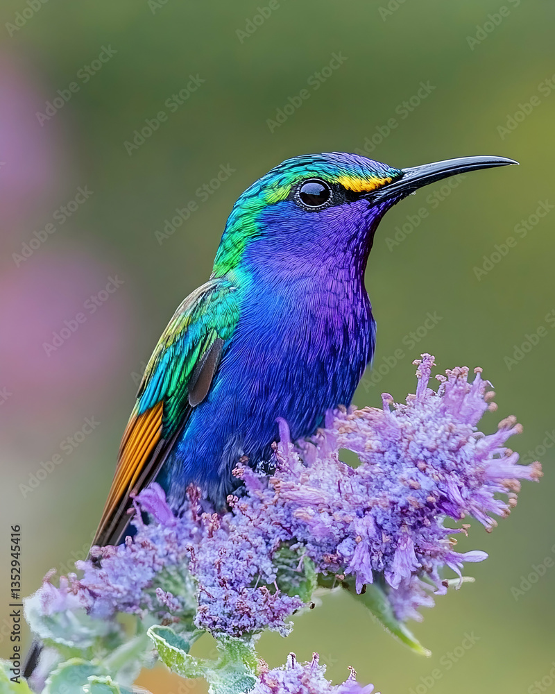 Fototapeta premium Colorful Bird on Purple Flower