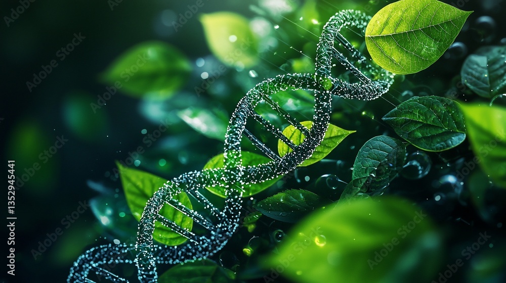 DNA strand amidst lush green leaves and water droplets.