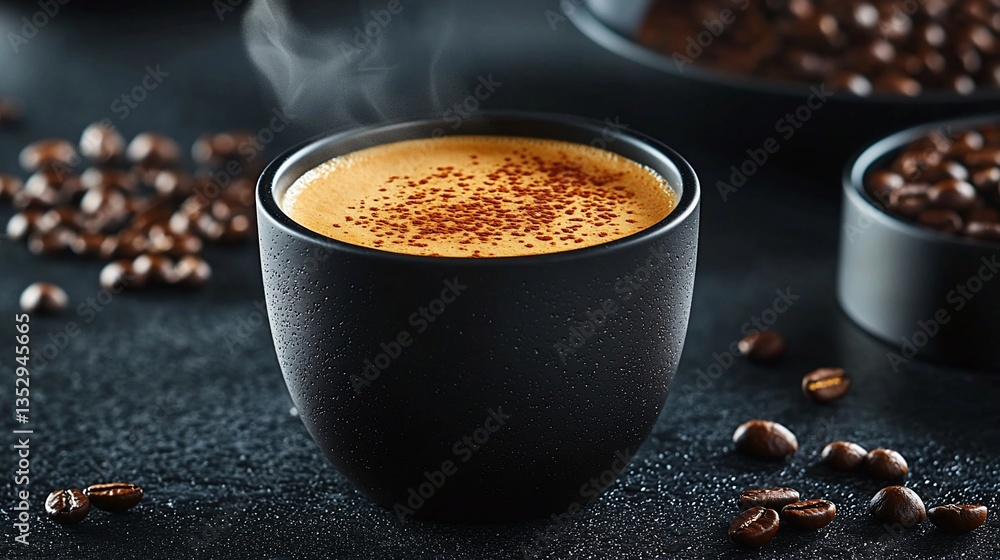 Steaming cup of coffee with cocoa powder, surrounded by coffee beans on dark background.