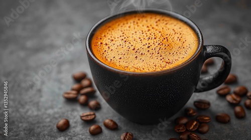 Obraz na płótnie Steaming espresso in dark cup with coffee beans. w salonie