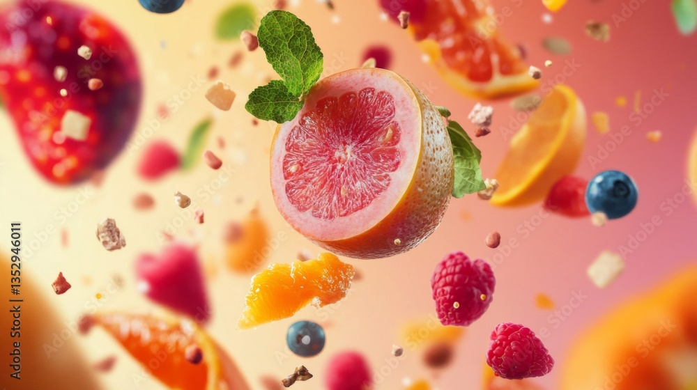 Vibrant Floating Fruits and Granola in a Colorful Studio Setting Vibrant Floating Fruits and Granola in a Colorful Studio Setting